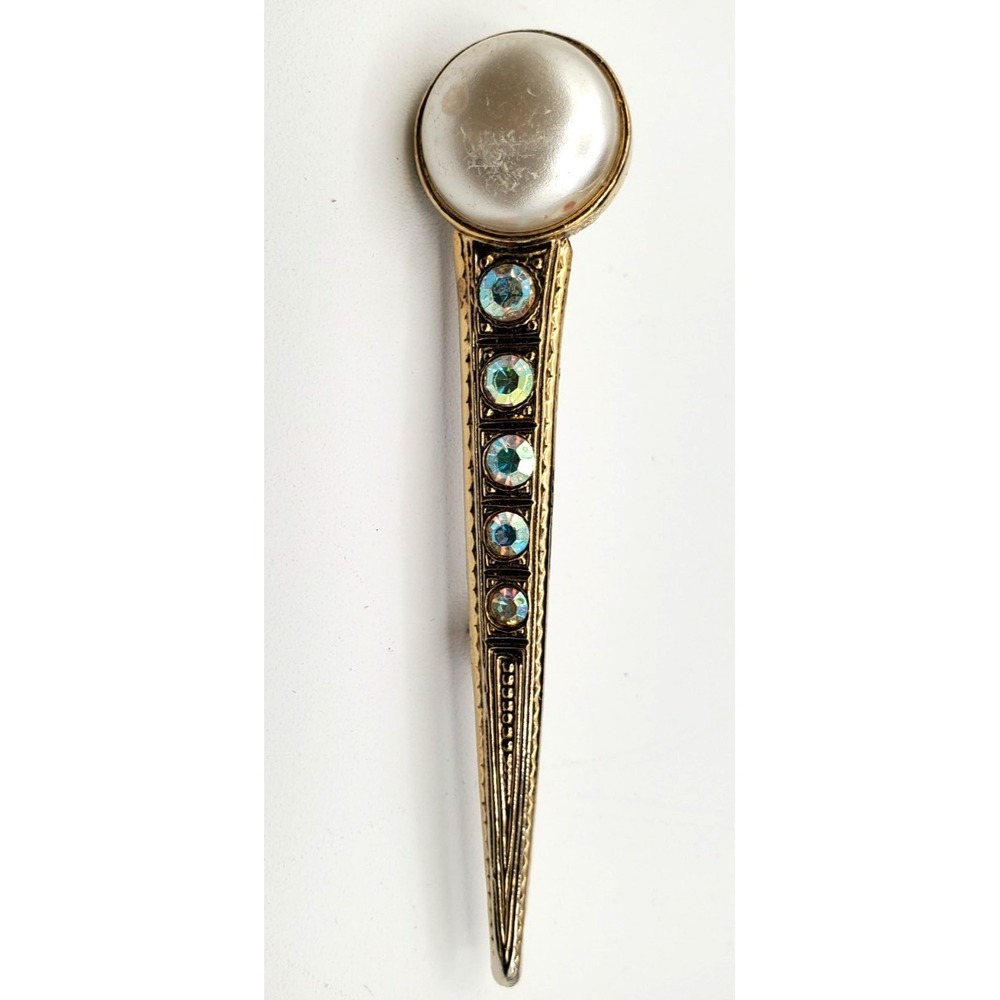 Vintage Faux Pearl Art Deco Aurora Borealis Wand Scepter Gold Tone Brooch Pin